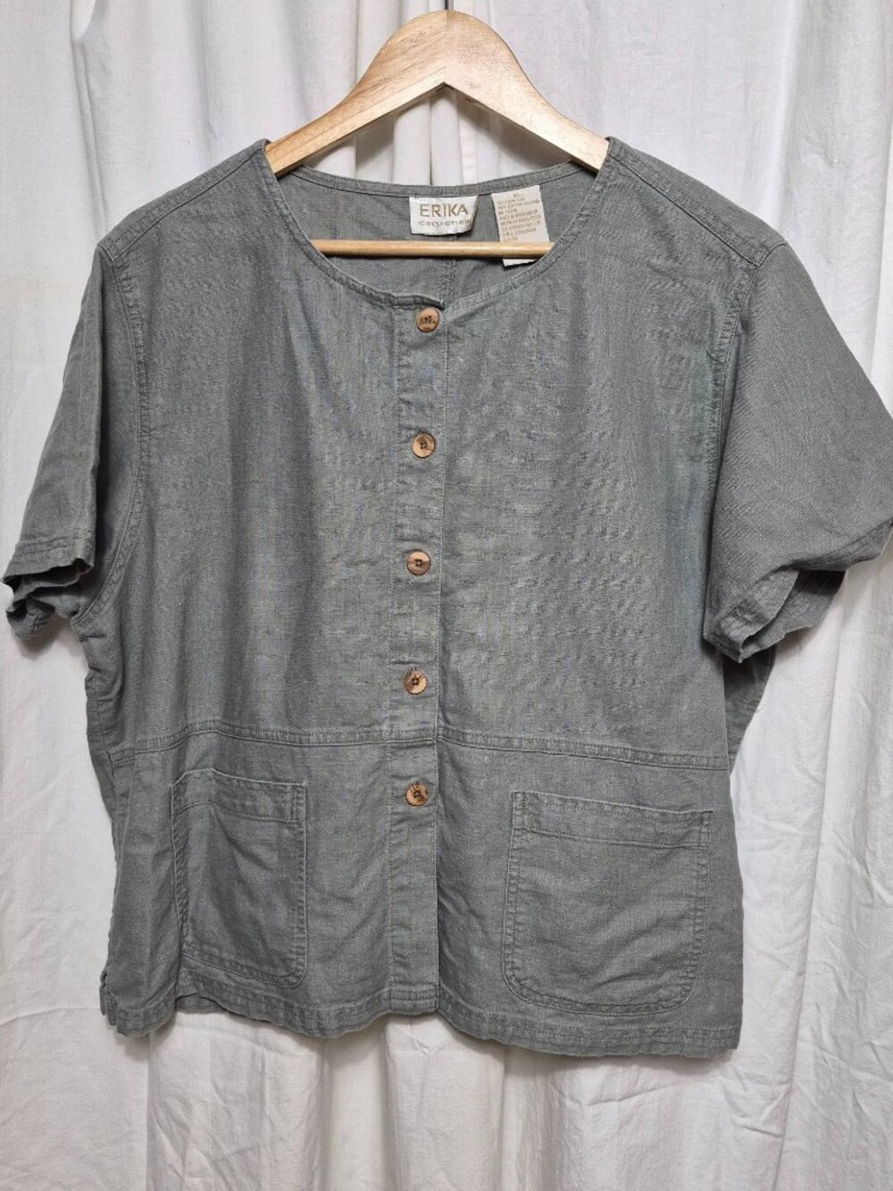 Erika XL Green Linen Boxy Button Up Lagenlook Boho Casual Beach Travel Top